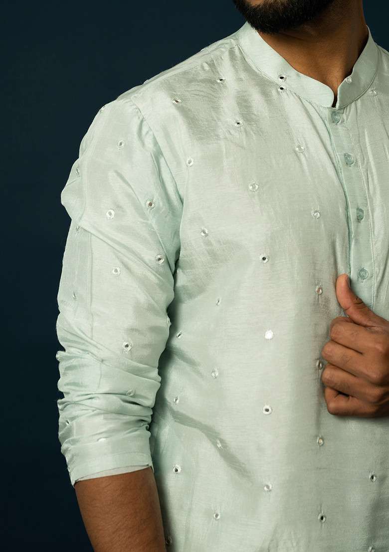 Light Blue Embroidered Silk Blend Kurta Set For Men - Indya