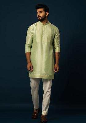 Green Embroidered Bam Silk Kurta Set For Men