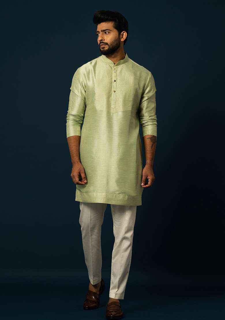 Green Embroidered Bam Silk Blend Kurta Set For Men - Indya