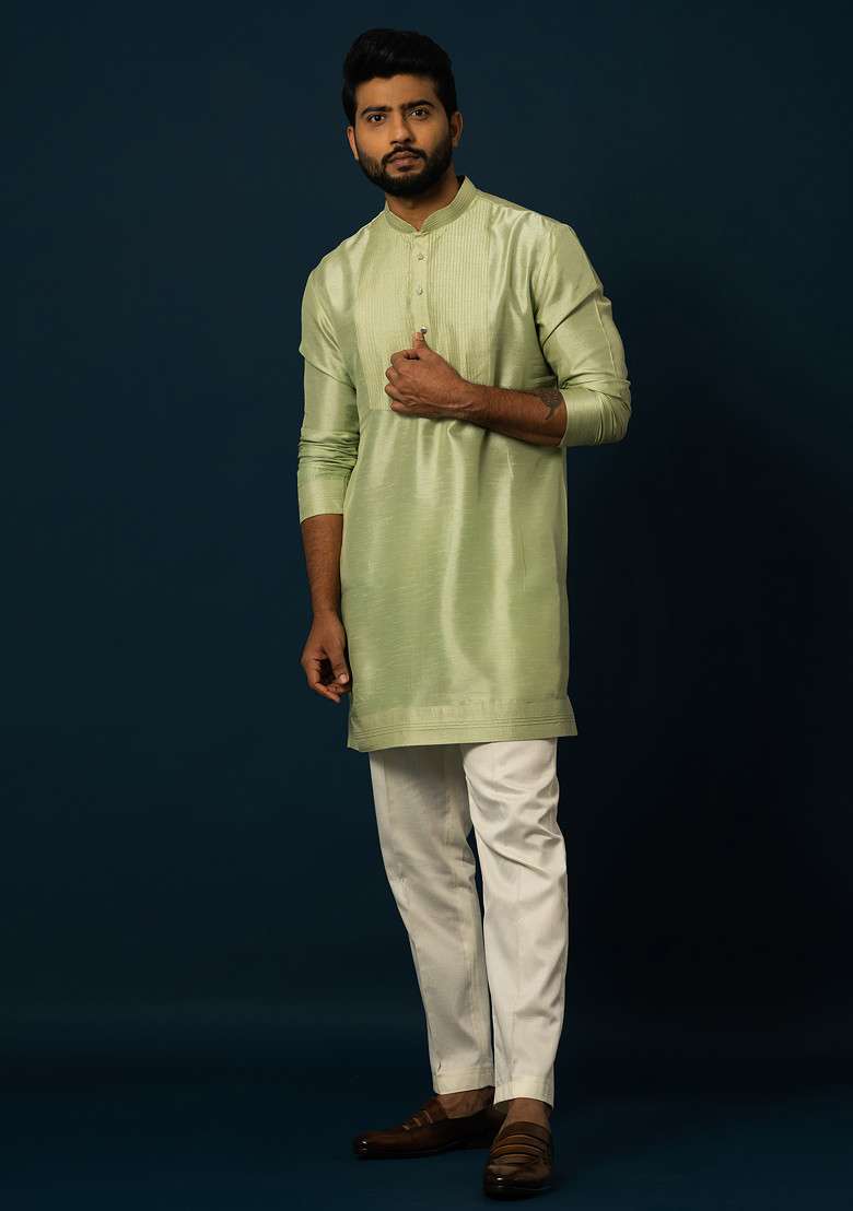 Green Embroidered Bam Silk Blend Kurta Set For Men - Indya