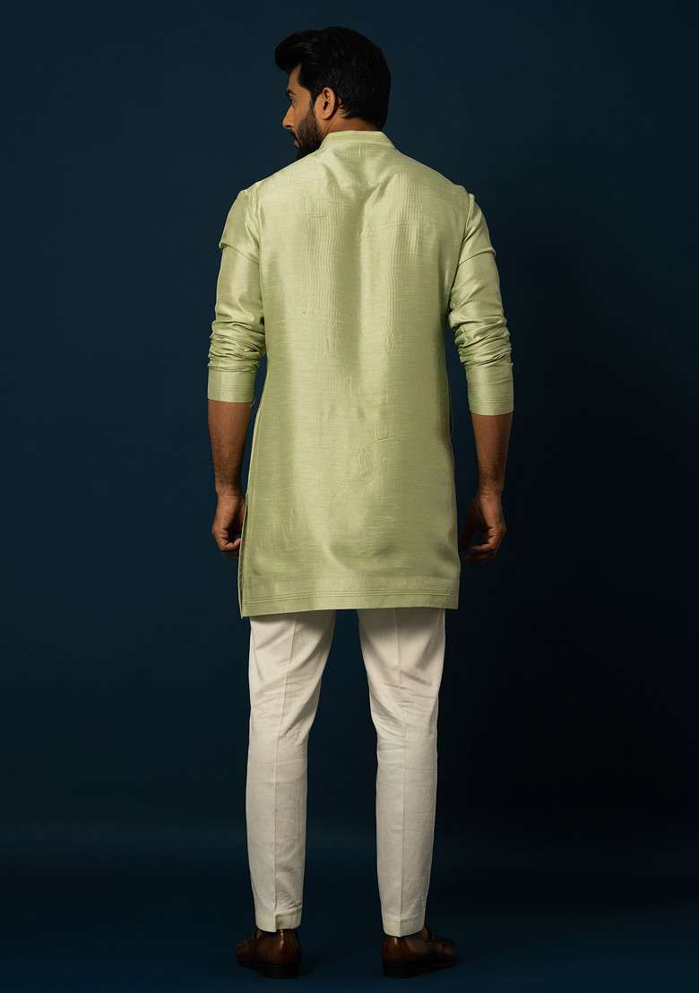 Green Embroidered Bam Silk Blend Kurta Set For Men - Indya