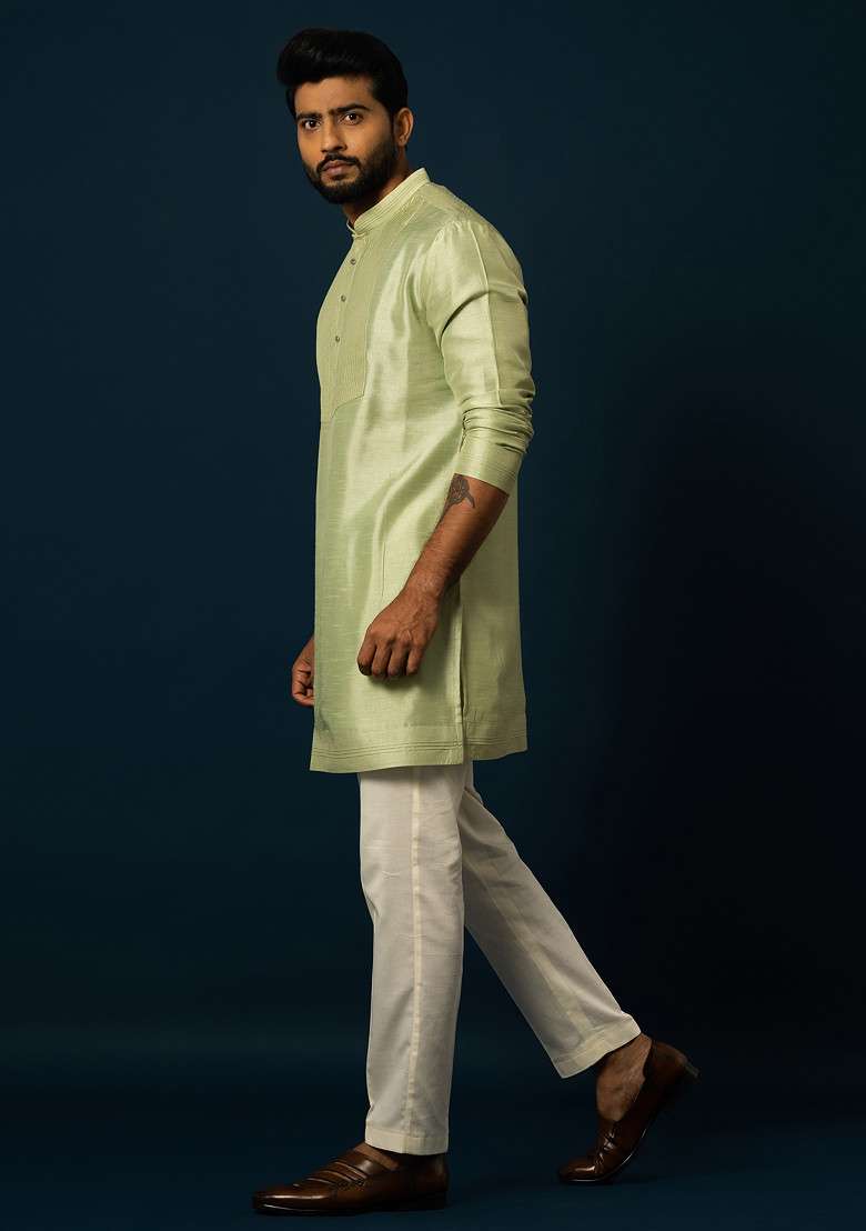 Green Embroidered Bam Silk Blend Kurta Set For Men - Indya