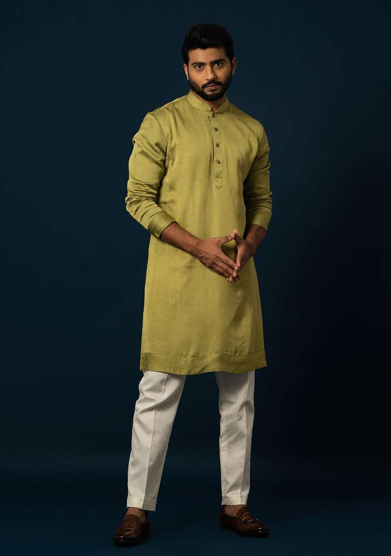 Green Embroidered Linen Kurta Set For Men - Indya