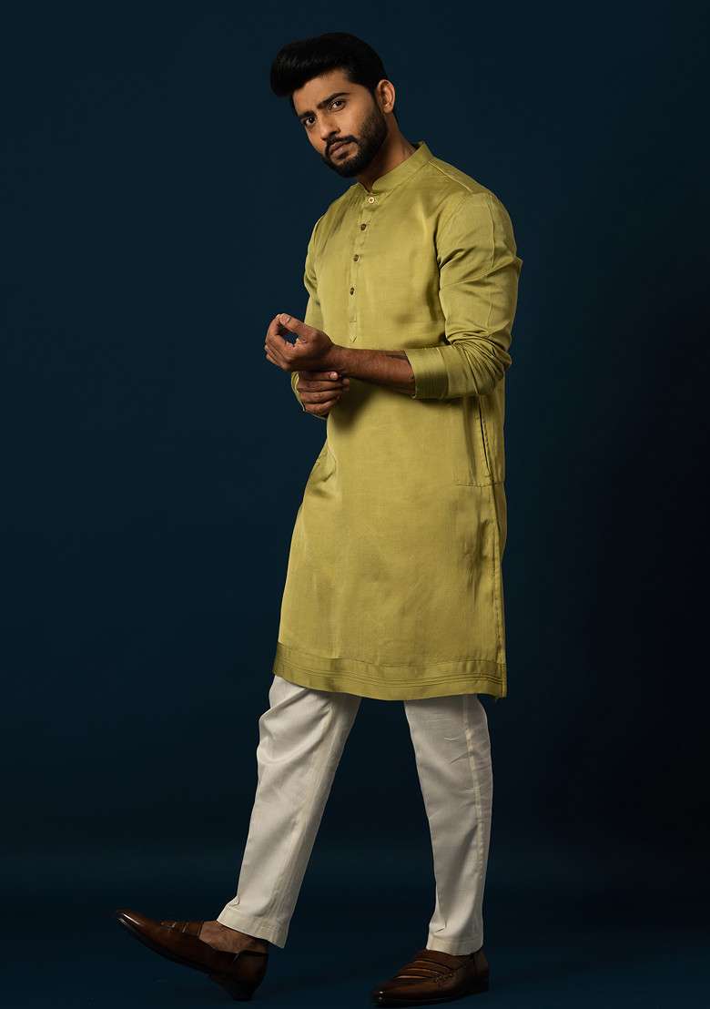 Green Embroidered Linen Kurta Set For Men - Indya