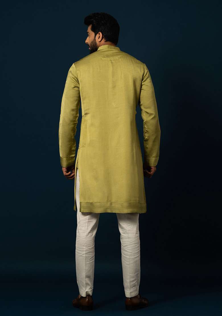 Green Embroidered Linen Kurta Set For Men - Indya