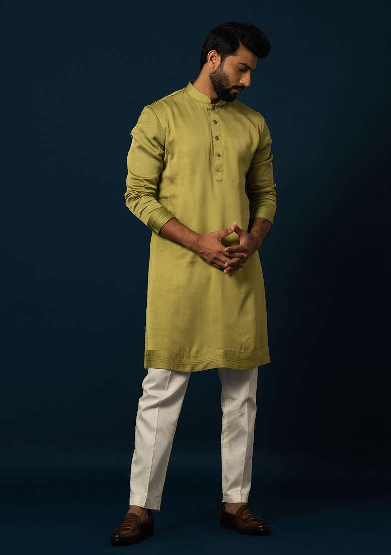 Green Embroidered Linen Kurta Set For Men - Indya