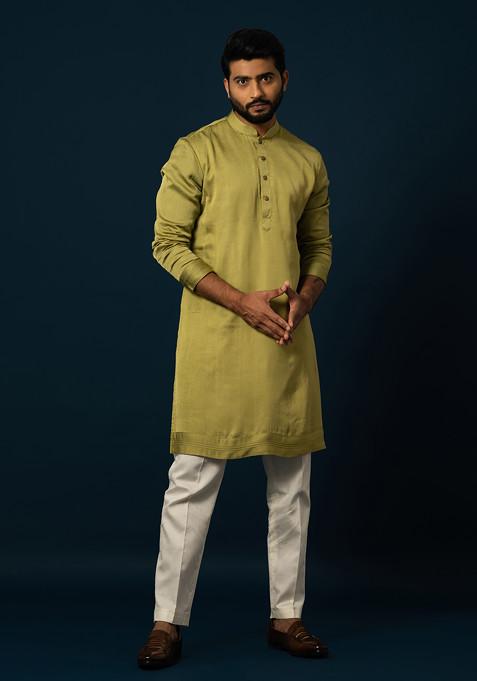 Green Embroidered Linen Kurta Set For Men