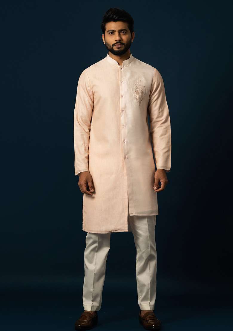 Peach Embroidered Silk Blend Kurta Set For Men - Indya