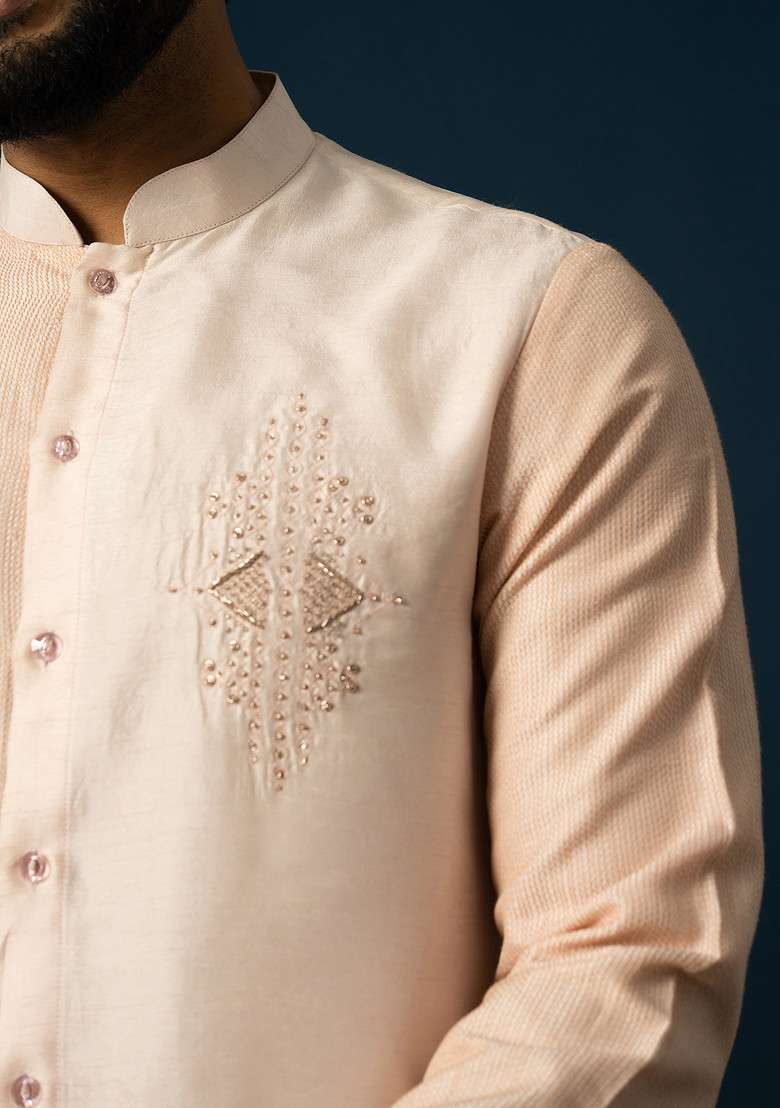 Peach Embroidered Silk Blend Kurta Set For Men - Indya