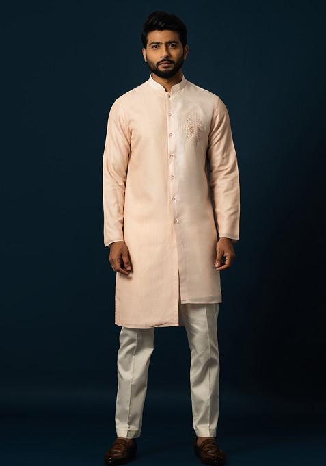 Peach Embroidered Silk Kurta Set For Men