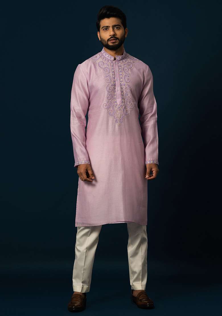 Lavender Embroidered Silk Blend Kurta Set For Men - Indya