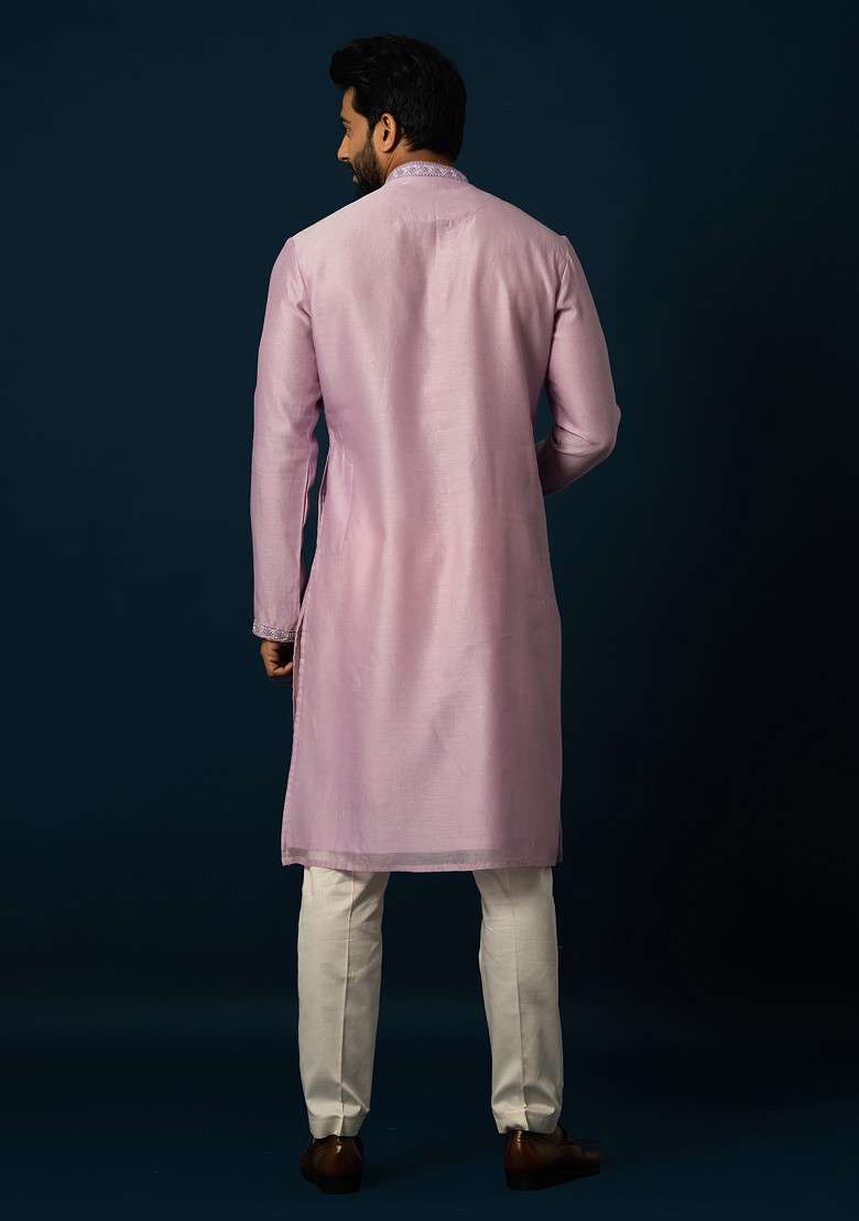 Lavender Embroidered Silk Blend Kurta Set For Men - Indya