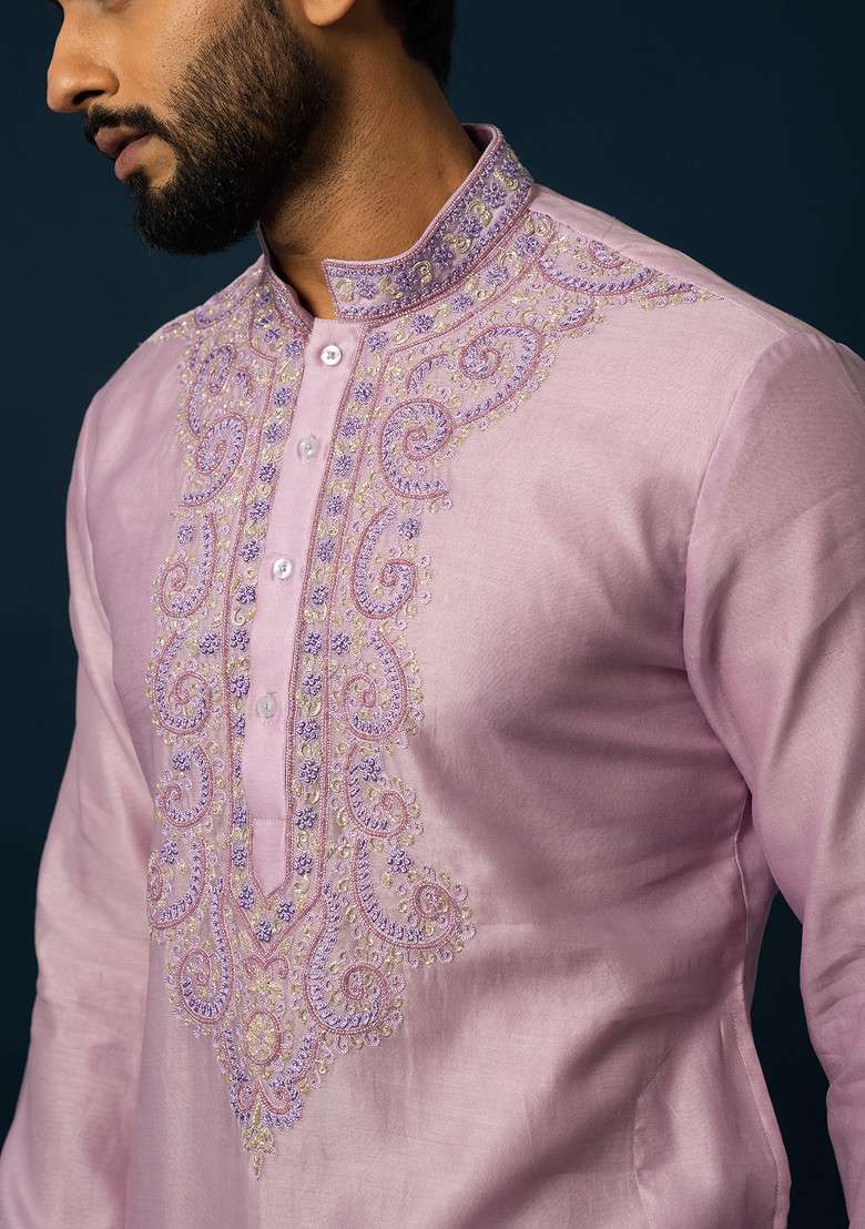 Lavender Embroidered Silk Blend Kurta Set For Men - Indya
