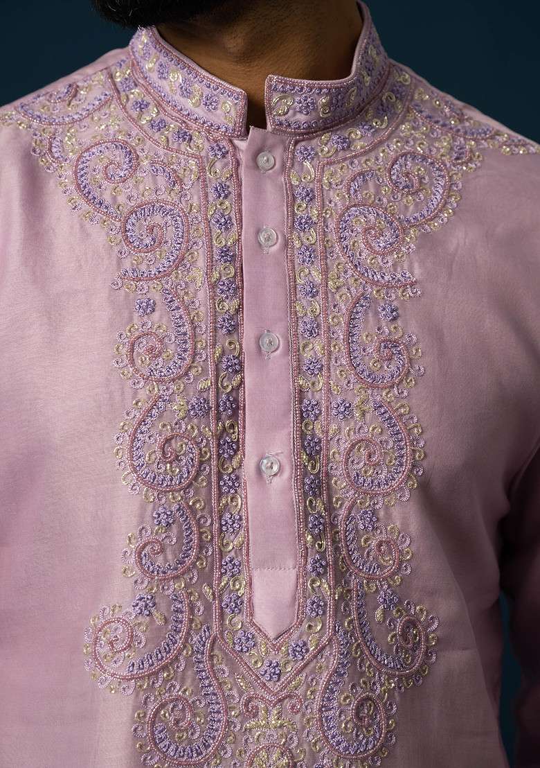 Lavender Embroidered Silk Blend Kurta Set For Men - Indya