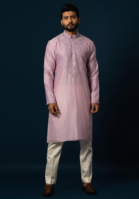 Lavender Embroidered Silk Kurta Set For Men