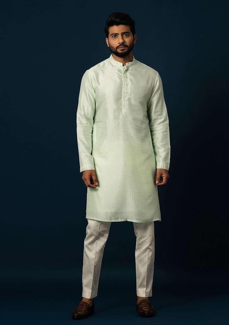 Green Embellished Silk Blend Kurta Set For Men - Indya