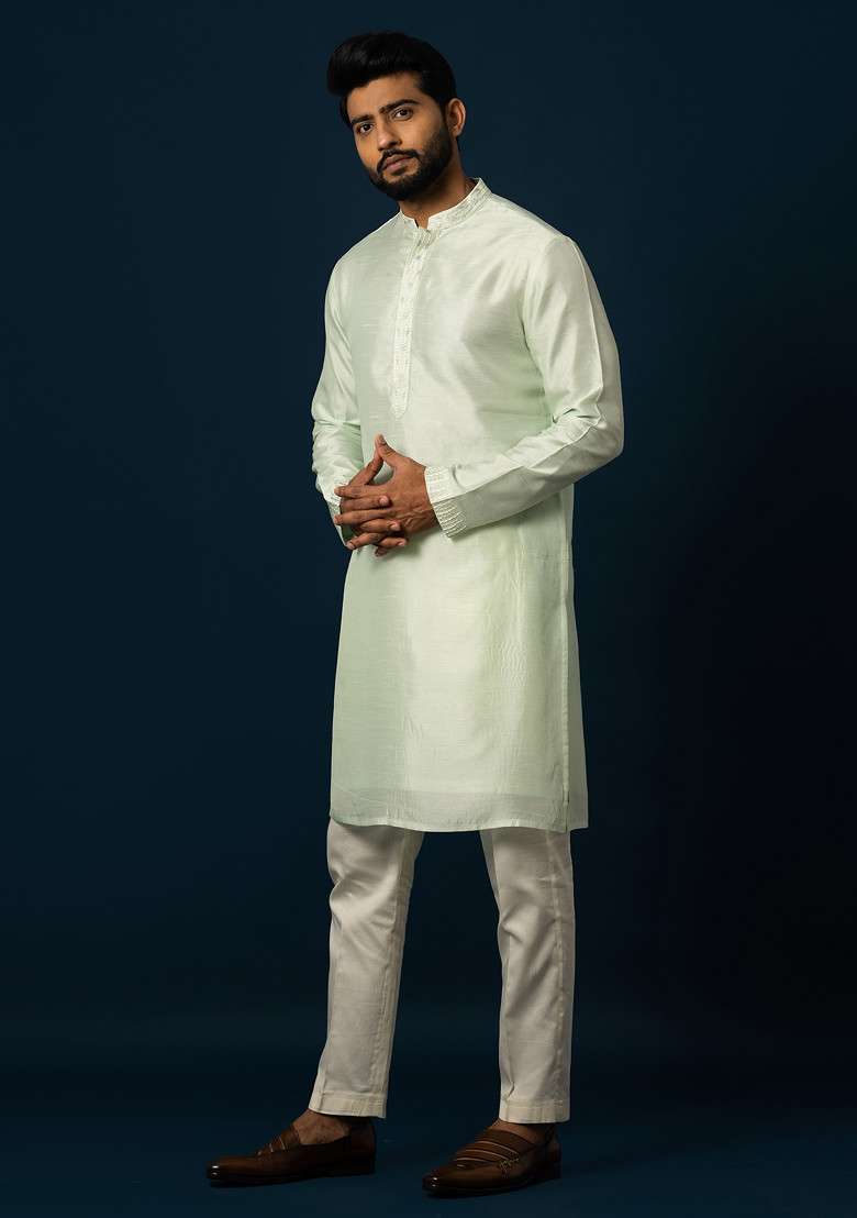 Green Embellished Silk Blend Kurta Set For Men - Indya