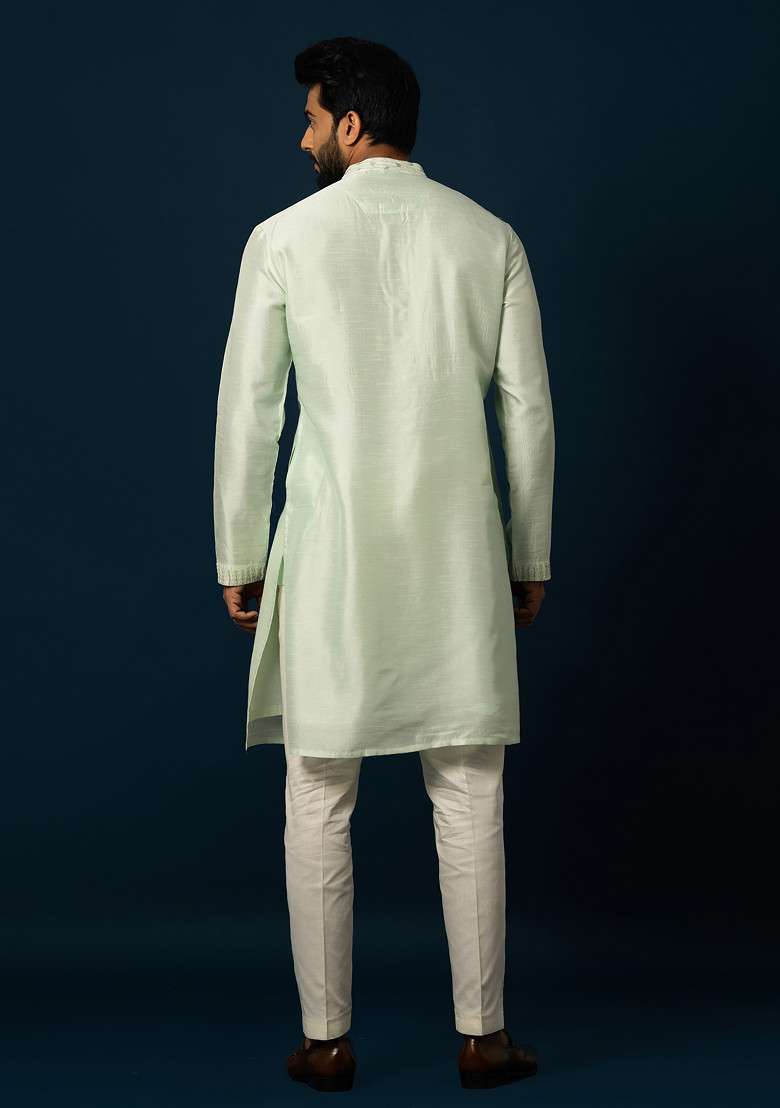 Green Embellished Silk Blend Kurta Set For Men - Indya