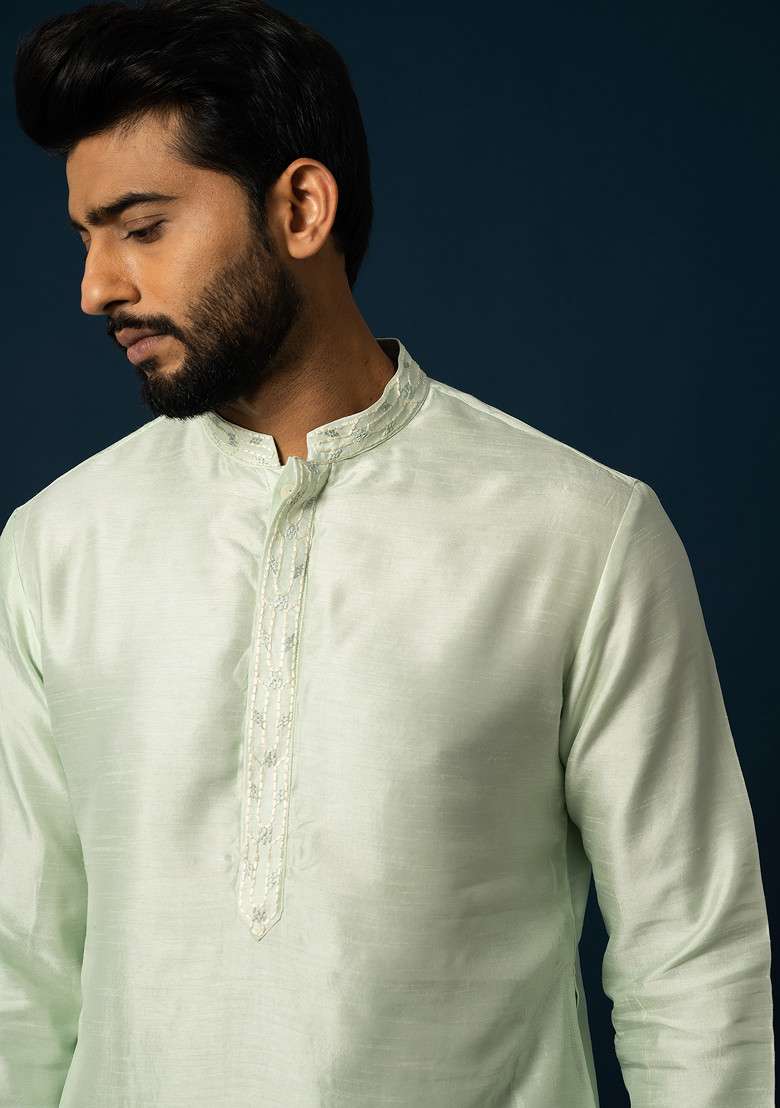 Green Embellished Silk Blend Kurta Set For Men - Indya