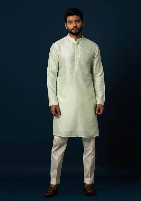 Green Embellished Silk Kurta Set For Men