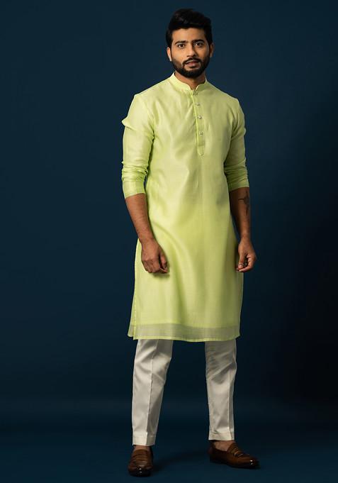 Green Embroidered Chanderi Silk Kurta Set For Men