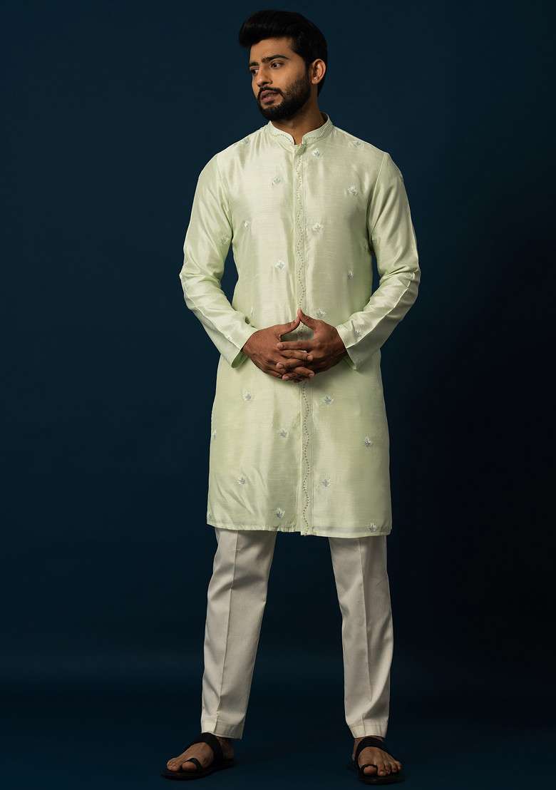 Green Thread Embroidered Bam Silk Blend Kurta Set For Men - Indya