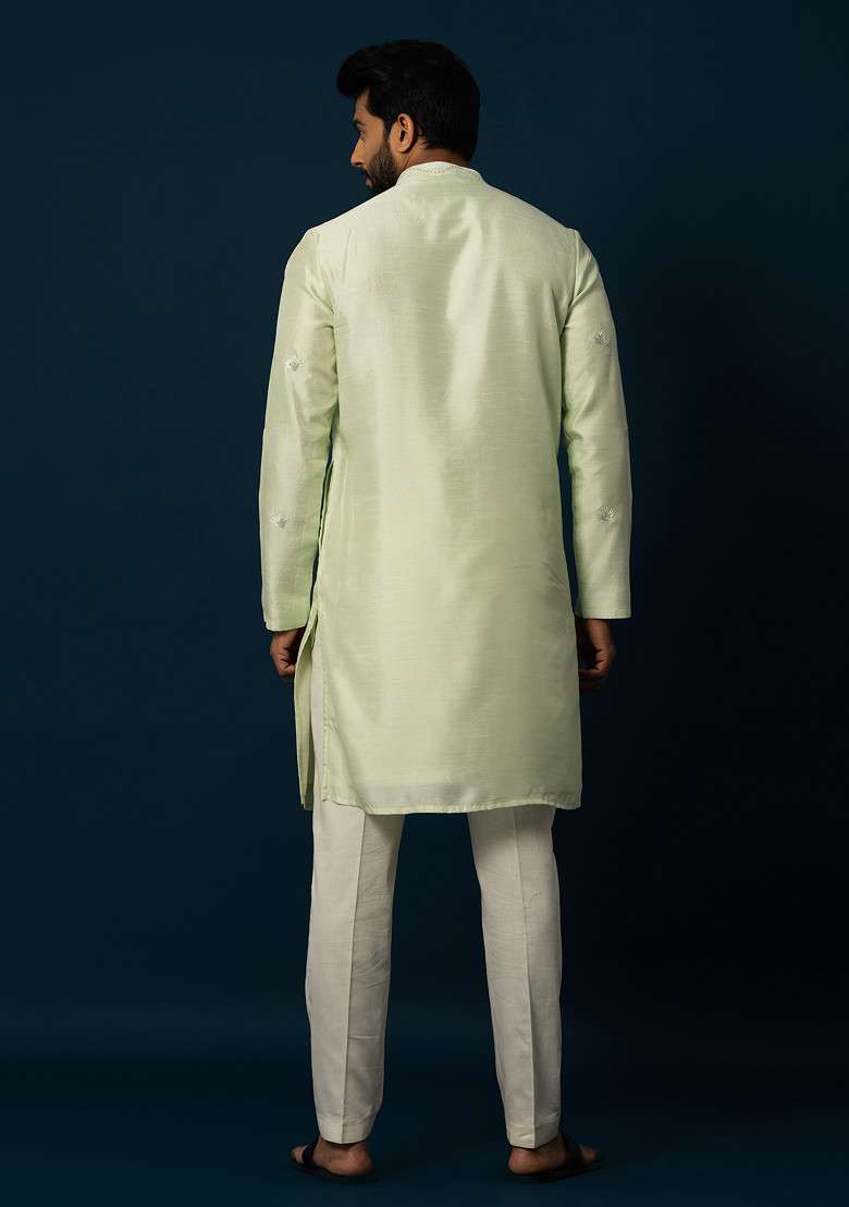 Green Thread Embroidered Bam Silk Blend Kurta Set For Men - Indya