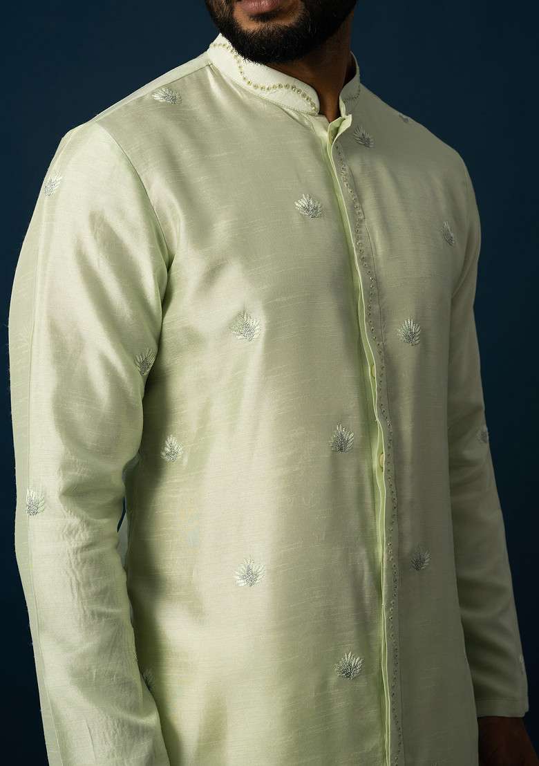 Green Thread Embroidered Bam Silk Blend Kurta Set For Men - Indya