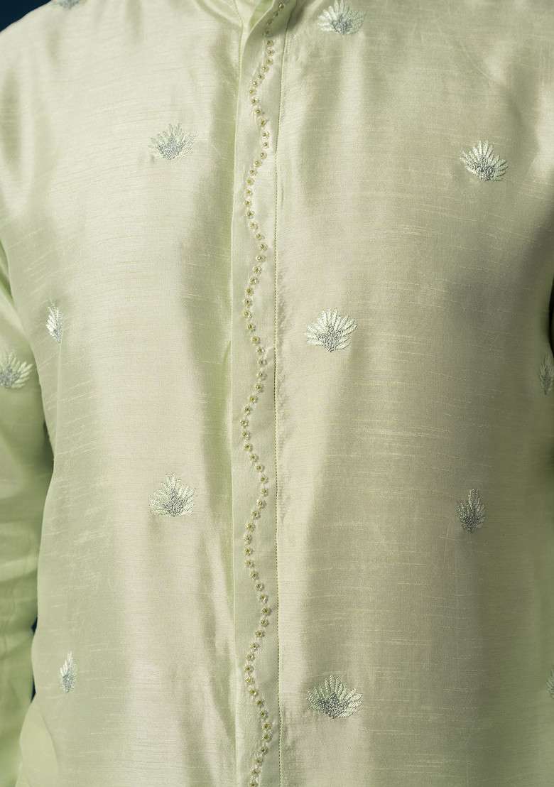 Green Thread Embroidered Bam Silk Blend Kurta Set For Men - Indya