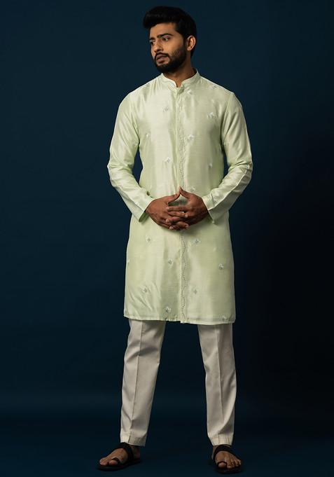 Green Thread Embroidered Bam Silk Kurta Set For Men