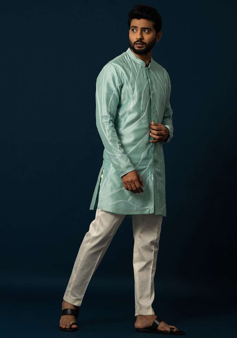 Sea Green Thread Embroidered Bam Silk Blend Kurta Set For Men - Indya