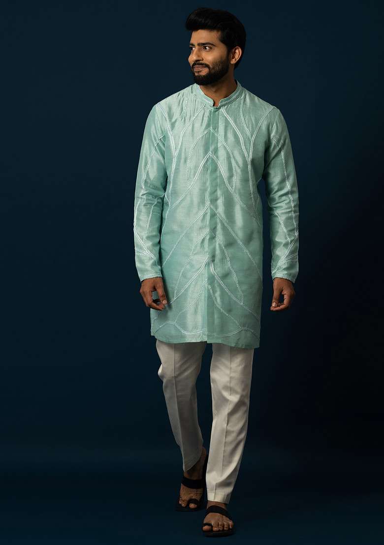 Sea Green Thread Embroidered Bam Silk Blend Kurta Set For Men - Indya