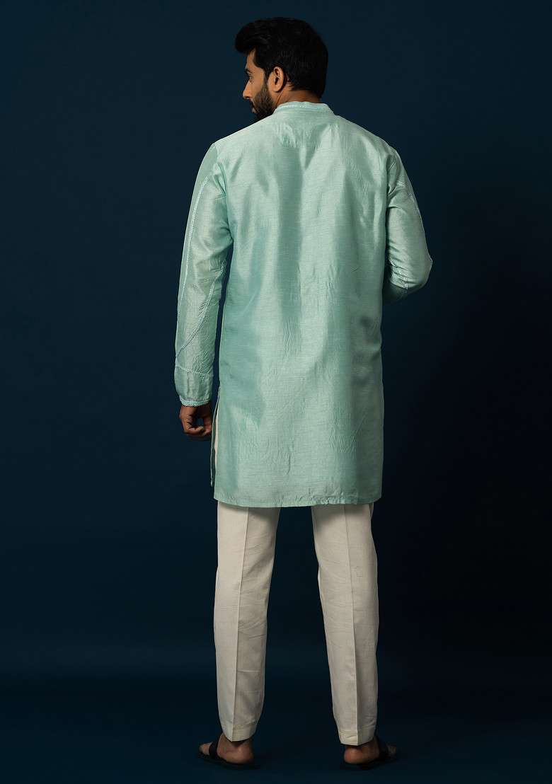Sea Green Thread Embroidered Bam Silk Blend Kurta Set For Men - Indya