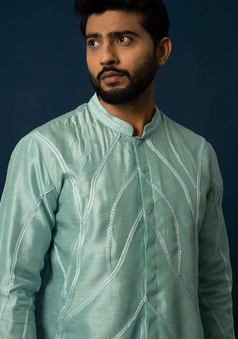 Sea Green Thread Embroidered Bam Silk Blend Kurta Set For Men - Indya