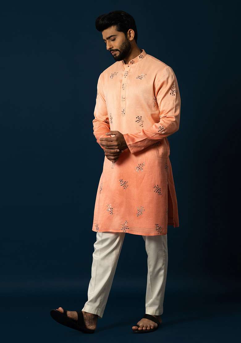 Orange Embroidered Silk Blend Kurta Set For Men - Indya