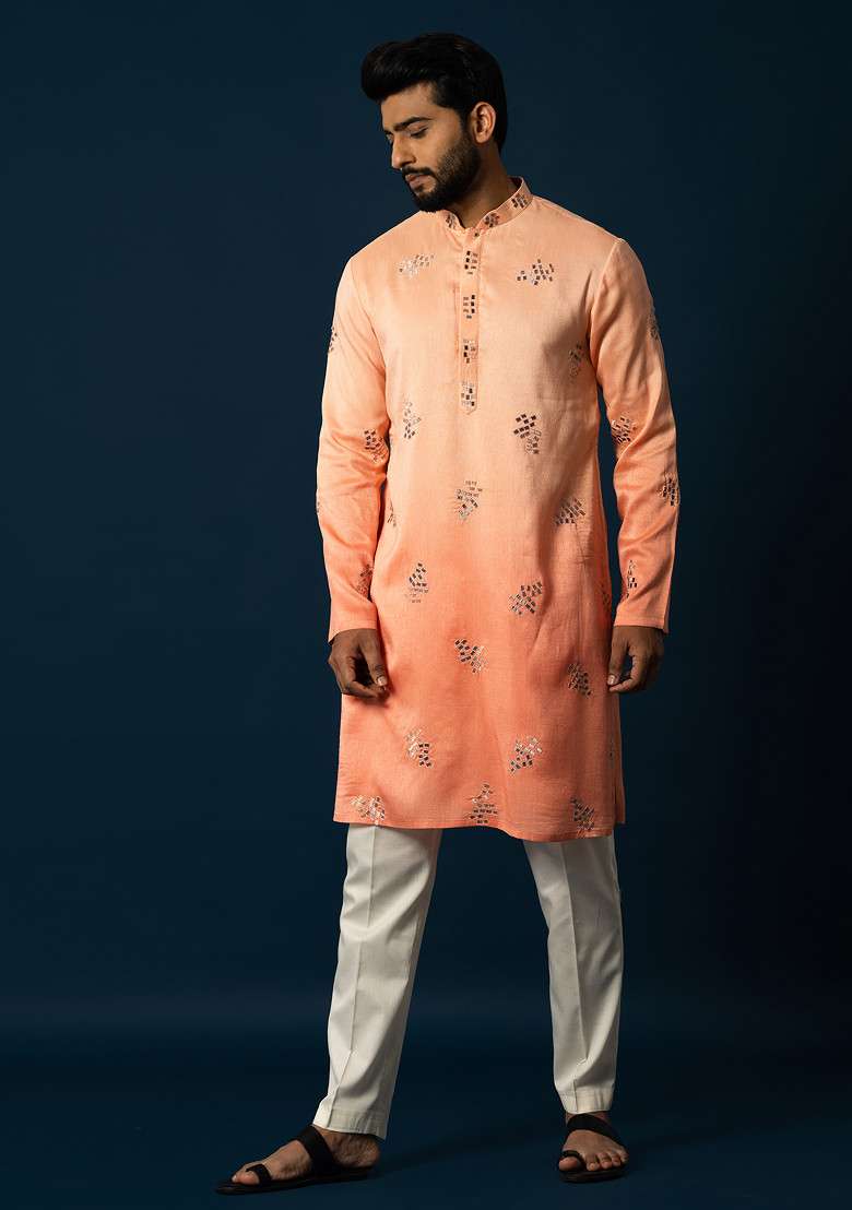 Orange Embroidered Silk Blend Kurta Set For Men - Indya