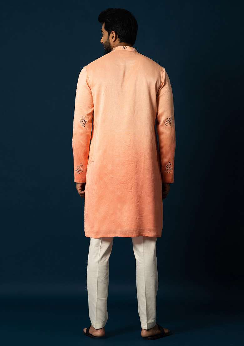 Orange Embroidered Silk Blend Kurta Set For Men - Indya