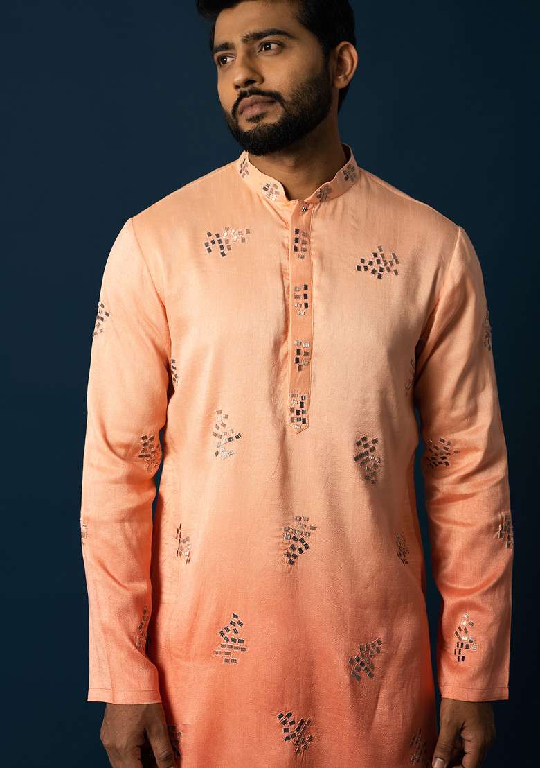 Orange Embroidered Silk Blend Kurta Set For Men - Indya