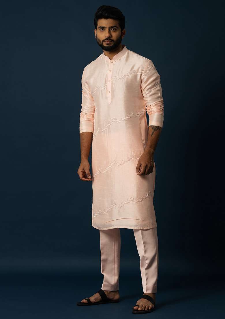 Peach Embroidered Bam Silk Blend Kurta Set For Men - Indya
