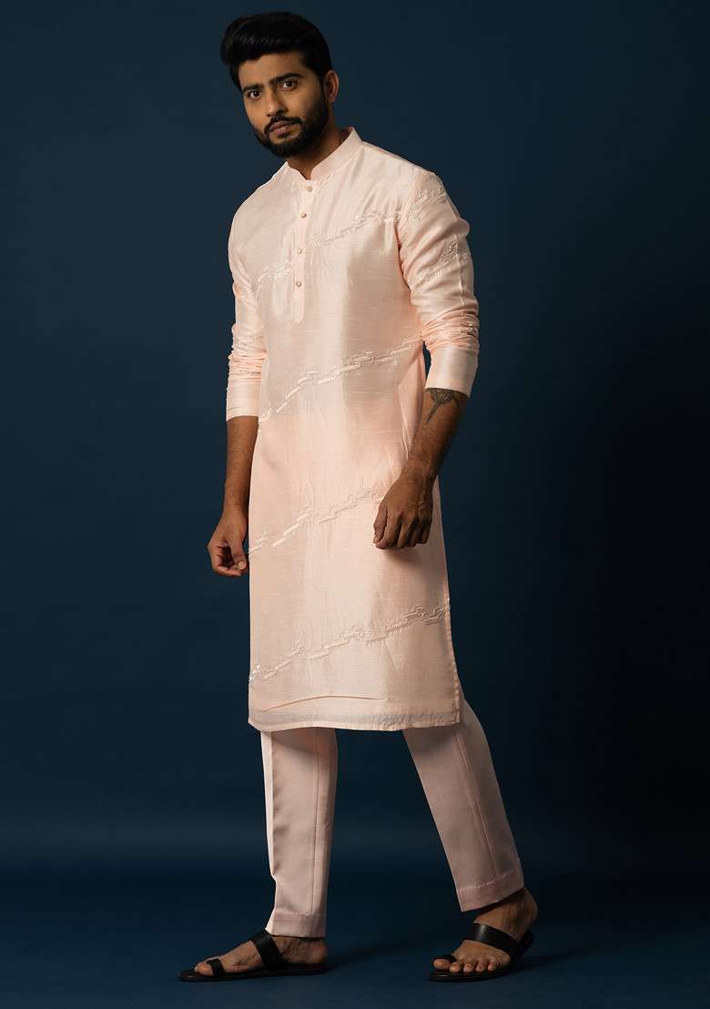 Peach Embroidered Bam Silk Blend Kurta Set For Men - Indya