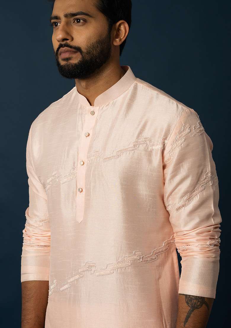Peach Embroidered Bam Silk Blend Kurta Set For Men - Indya