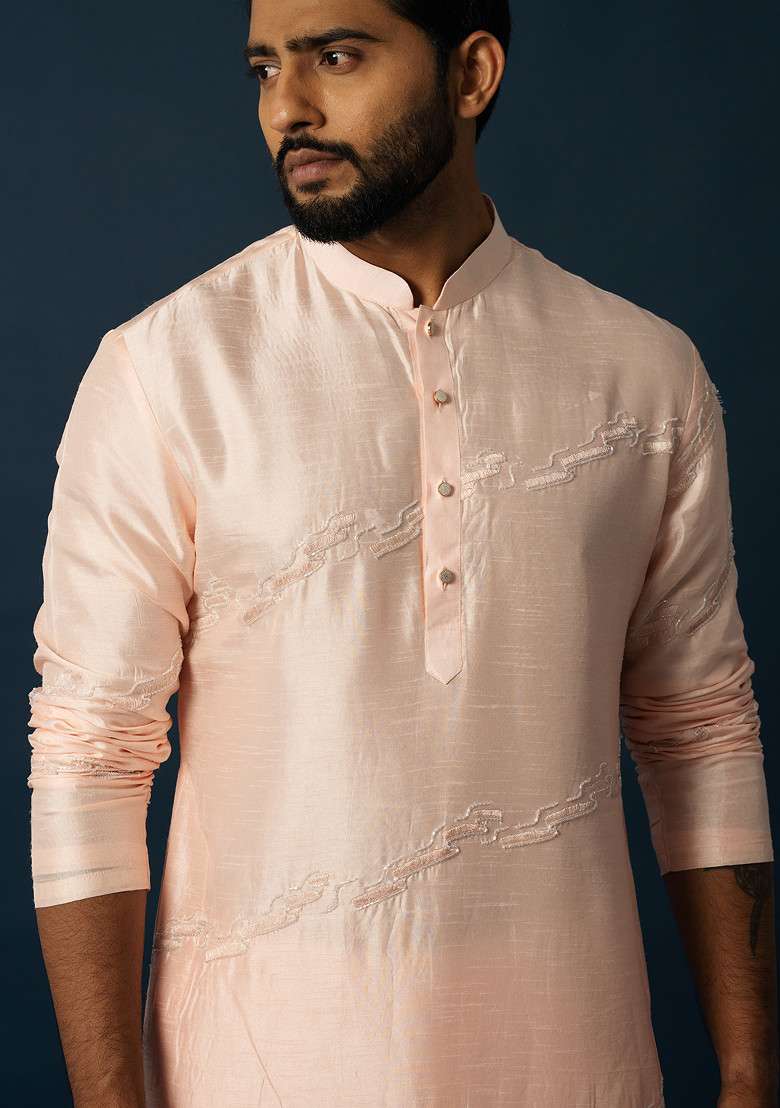 Peach Embroidered Bam Silk Blend Kurta Set For Men - Indya