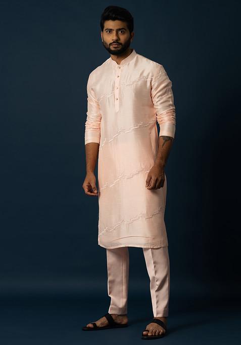 Peach Embroidered Bam Silk Kurta Set For Men