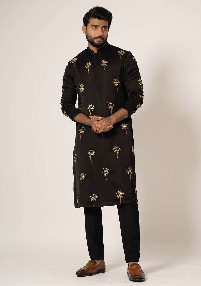 Black Embroidered Linen Kurta Set For Men - Indya