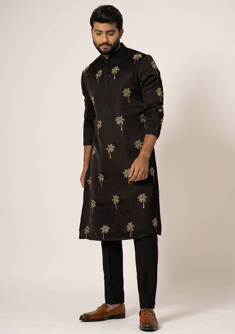 Black Embroidered Linen Kurta Set For Men - Indya