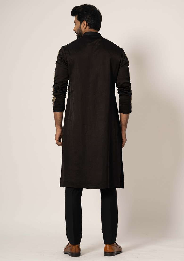 Black Embroidered Linen Kurta Set For Men - Indya