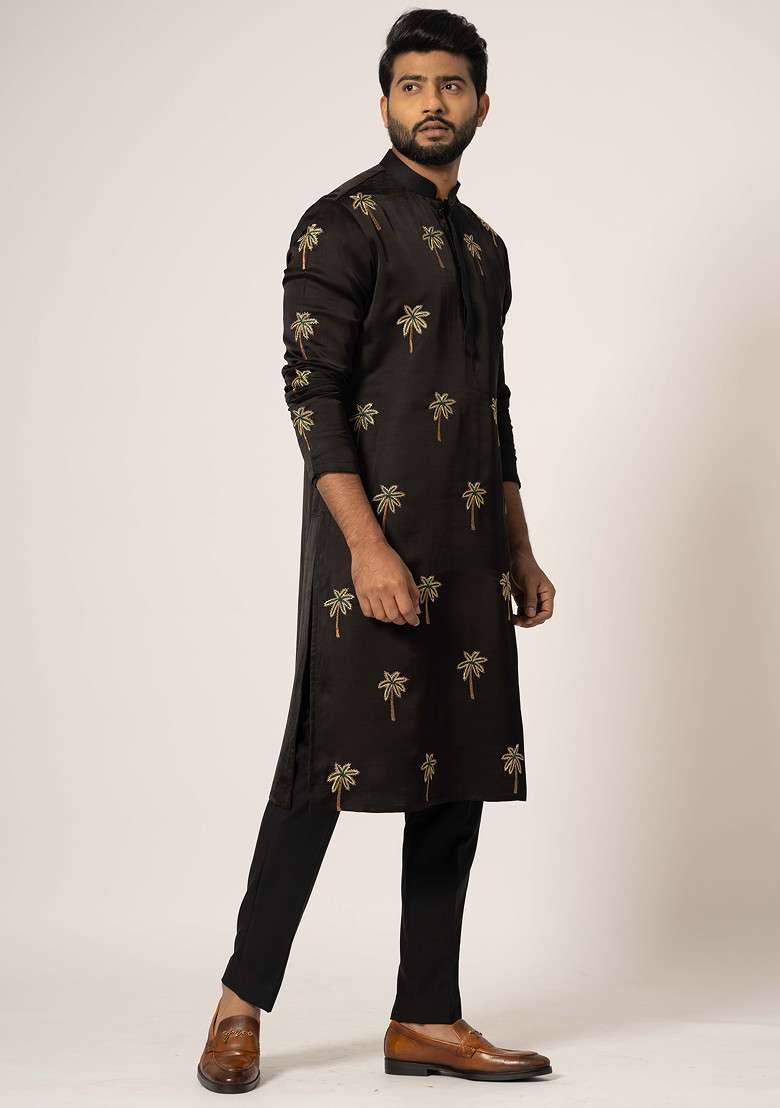 Black Embroidered Linen Kurta Set For Men - Indya