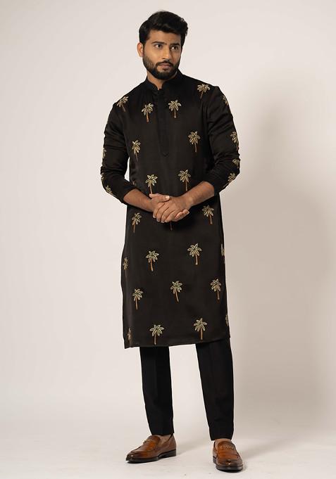 Black Embroidered Linen Kurta Set For Men