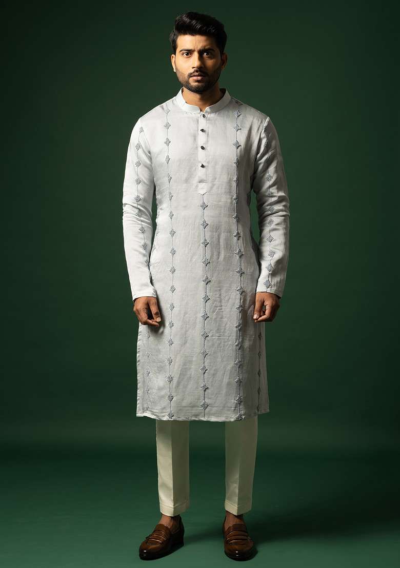Harbor Grey Embroidered Linen Kurta Set For Men - Indya