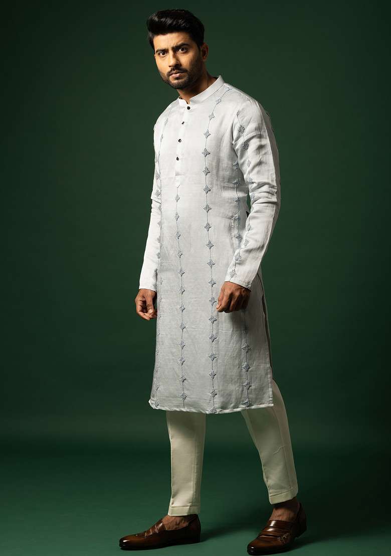 Harbor Grey Embroidered Linen Kurta Set For Men - Indya